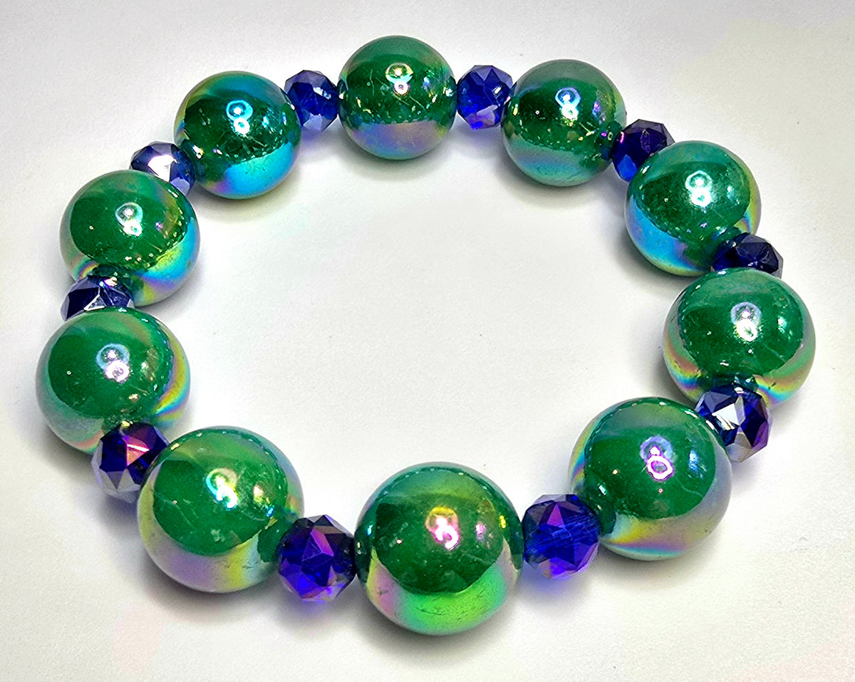 *16mm Bright Green Beads With 8mm Cobalt Blue Faceted Glass Beaded Bracelet