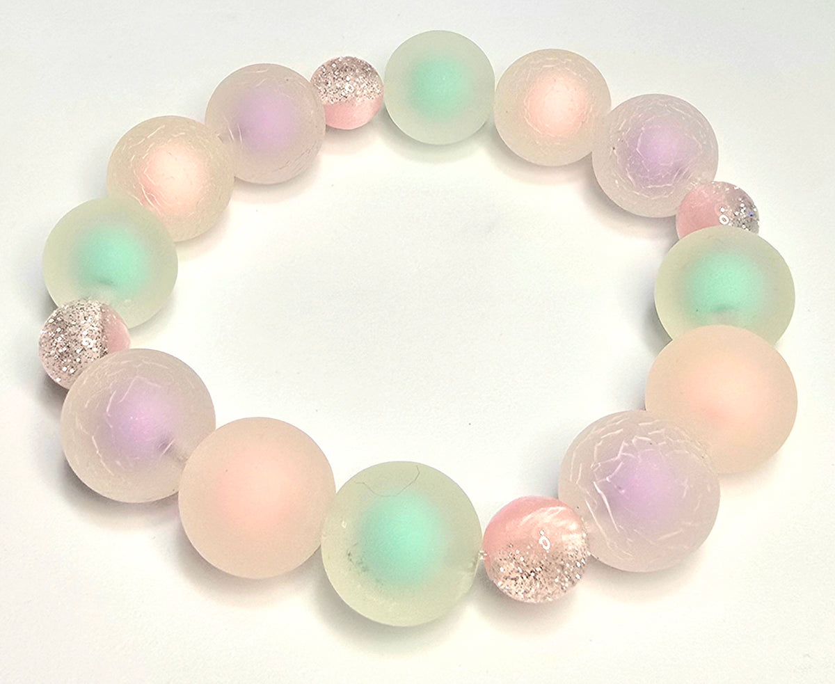 *16mm Frosted Multicolor With 10mm Pink Glitter Bead Bracelet