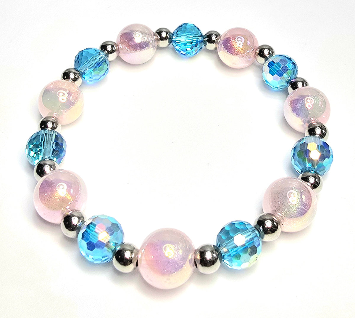 *14mm Iridescent Pink Beads With 10mm Blue Faceted Glass & Silver Spacer Bead Bracelet