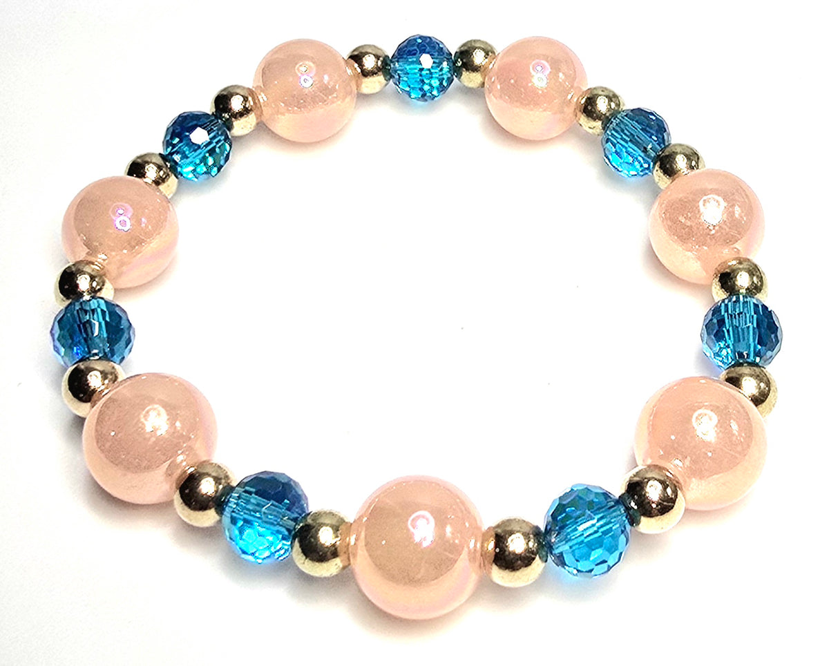 *14mm Peach Beads With 8mm Aqua Blue Faceted Glass & 6mm Gold Color Beaded Bracelet