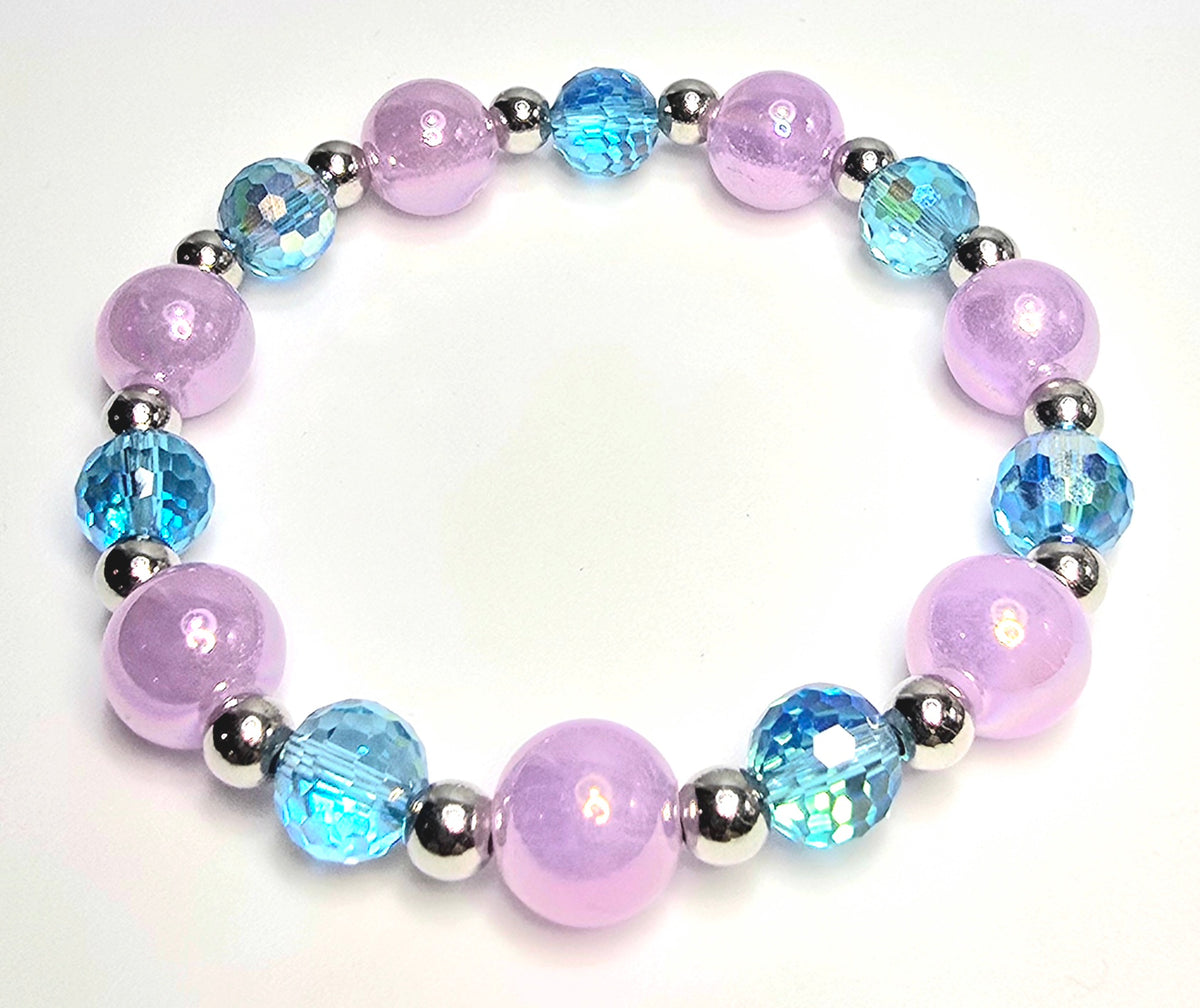 *14mm Purple Beads With 10mm Blue Faceted Glass & Silver Color Spacers Bracelet