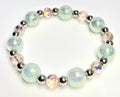 *14mm Iridescent Light Green Beads With 8mm Pink Faceted Glass & Silver Bracelet