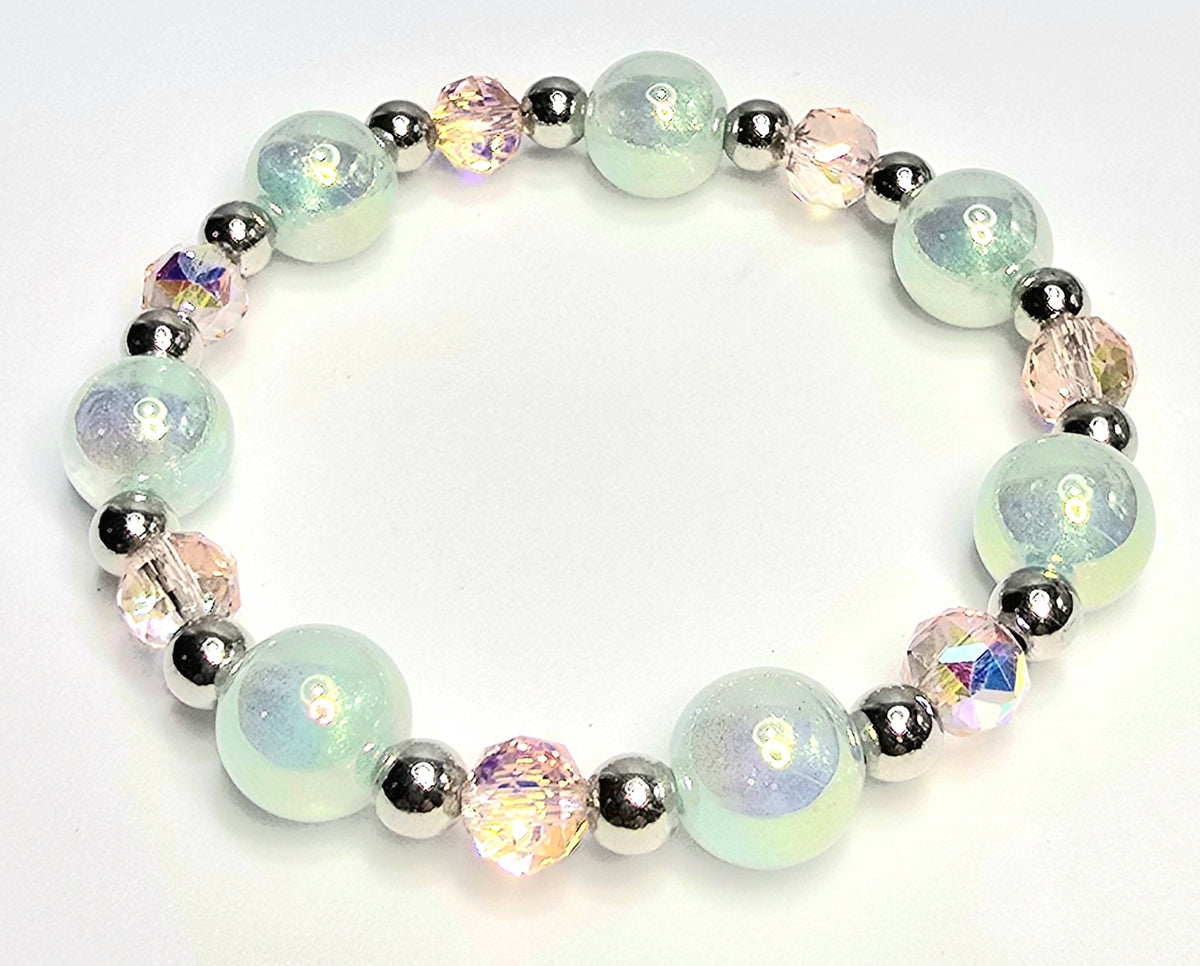 *14mm Iridescent Light Green Beads With 8mm Pink Faceted Glass & Silver Bracelet