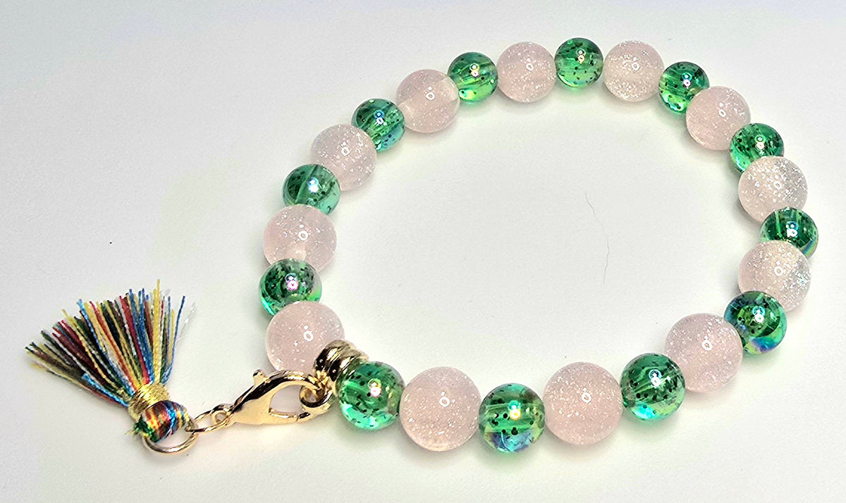 *10mm Light Pink Resin Beads With 8mm Green Beads & Multicolor Tassel