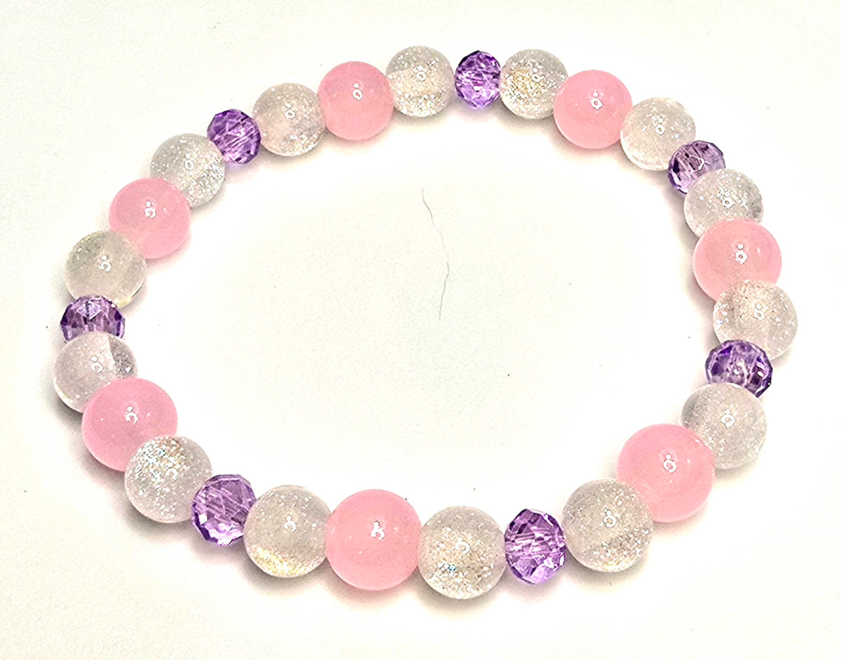 *8mm Pink & White Resin Beads With 6mm Purple Beads Bracelet