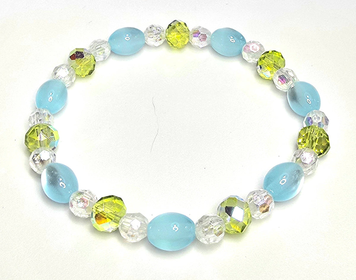 *8mm Light Blue Oval Cat Eye Bead With 8mm Bright Yellow & Clear Faceted Glass Beaded Bracelet