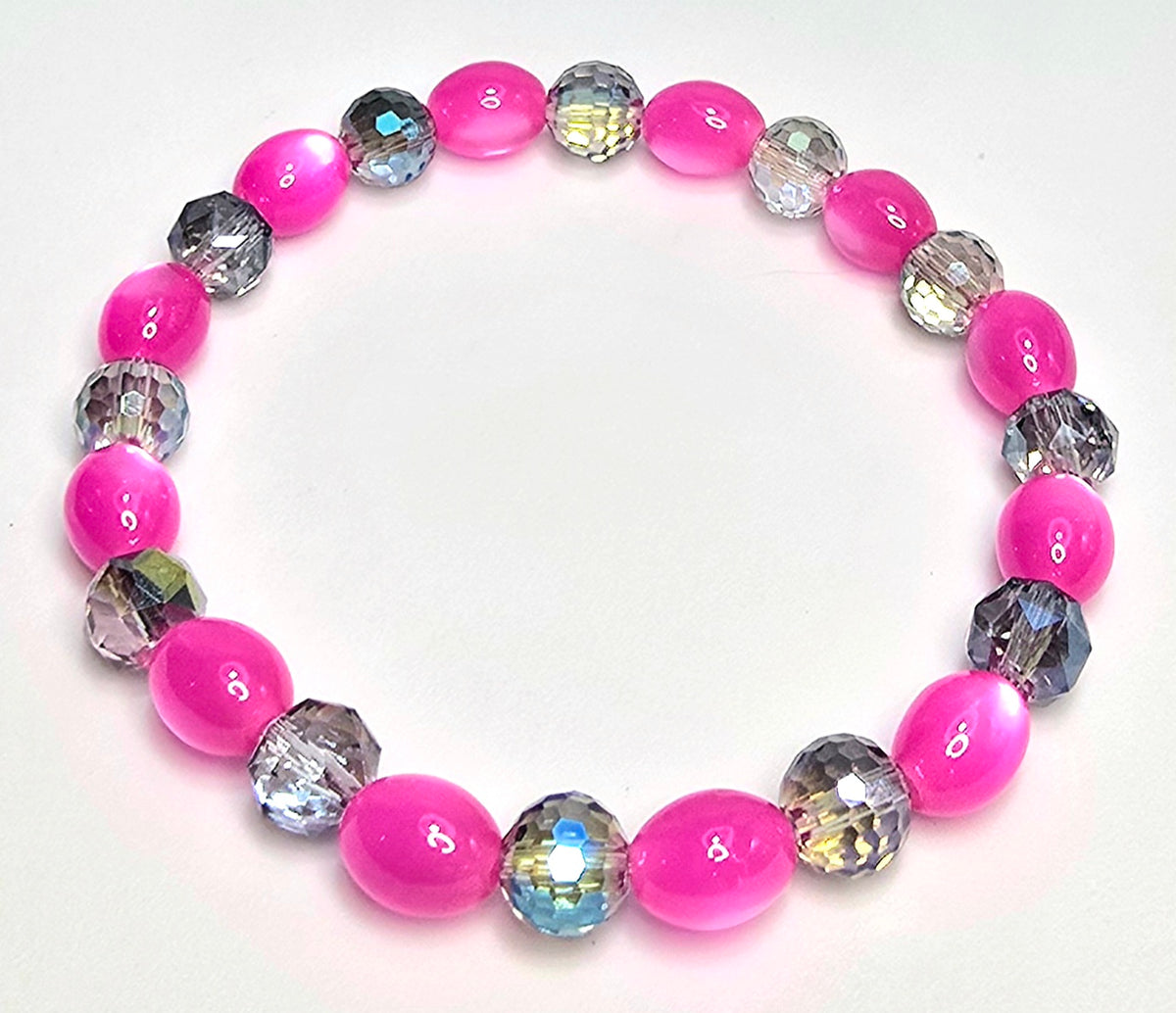 *8mm Hot Pink Oval Cat Eye Beads With 8mm Smokey Grey Faceted Glass Beaded Bracelet