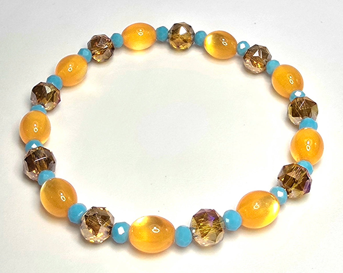 *8mm Oval Gold Cat Eye Beads With 8mm Gold Faceted Glass & 4mm Blue Beads Bracelet