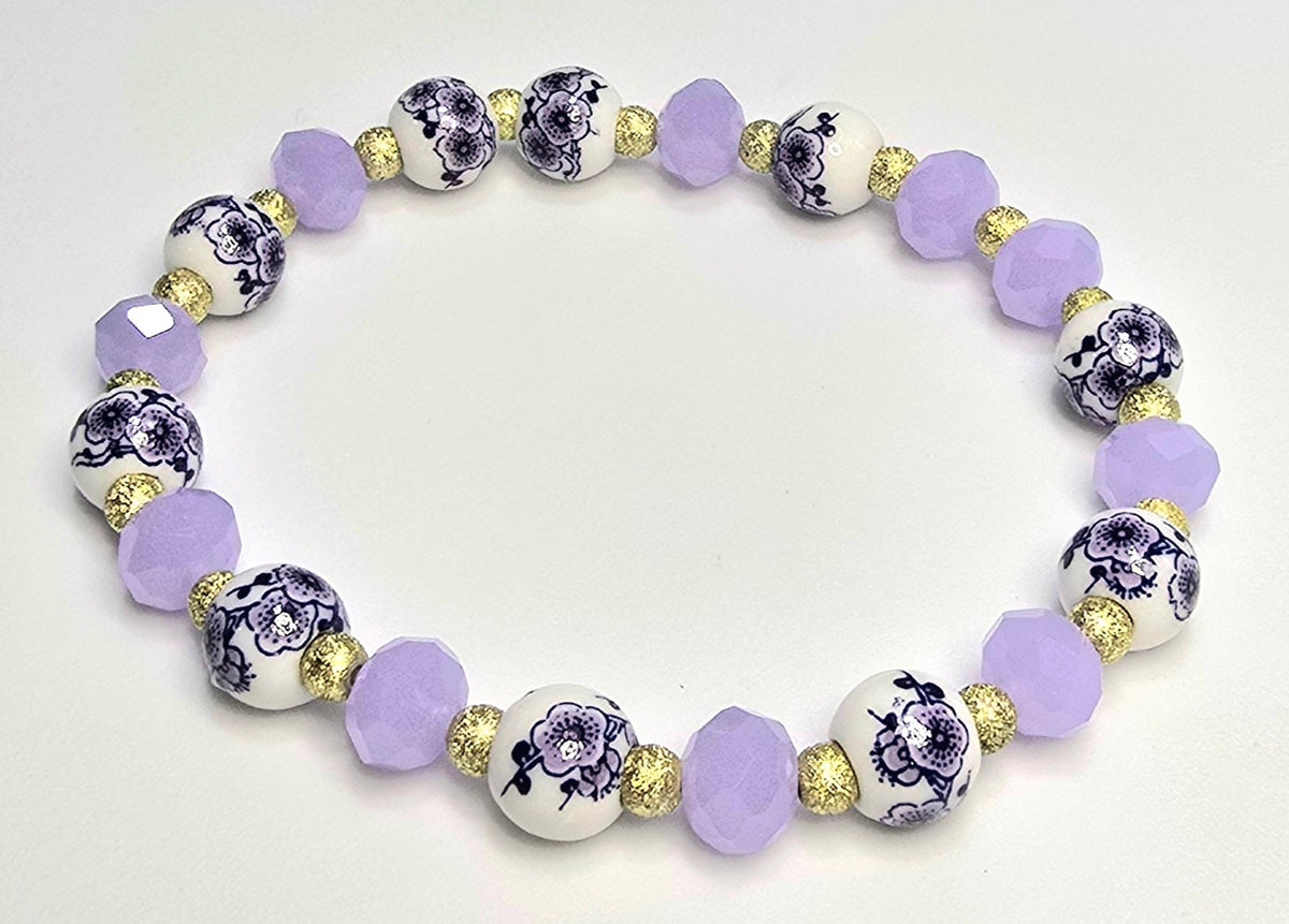 *8mm Ceramic Purple Flower Beads With 8mm Lavender Faceted Glass & 4mm Gold Beads Bracelet