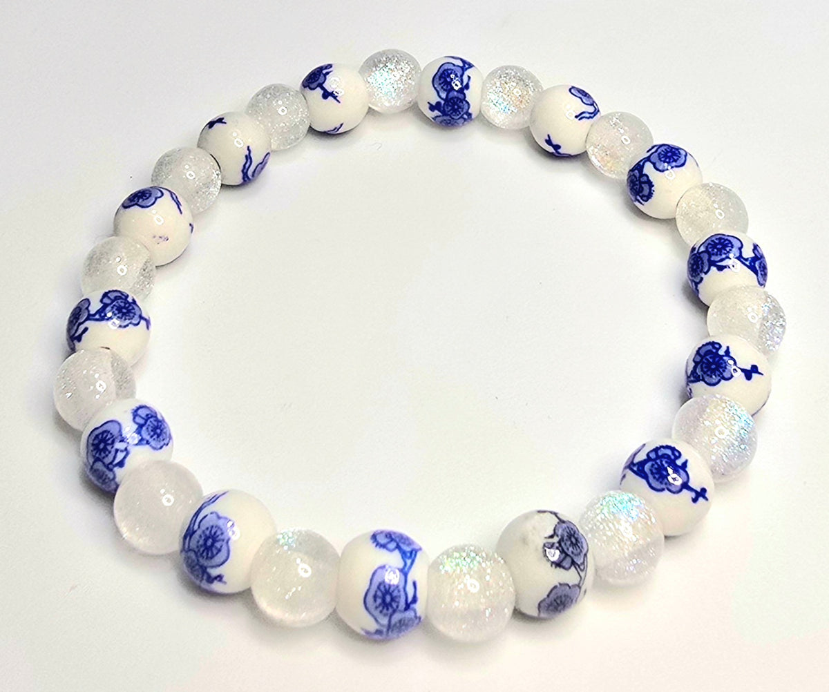 *8mm Ceramic Blue Flower Beads With 8mm White Beads Bracelet