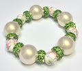 *10mm Ceramic Pink Flower Beads With 16mm Pearly Beads & Green Barrel Sparkle Bead Bracelet