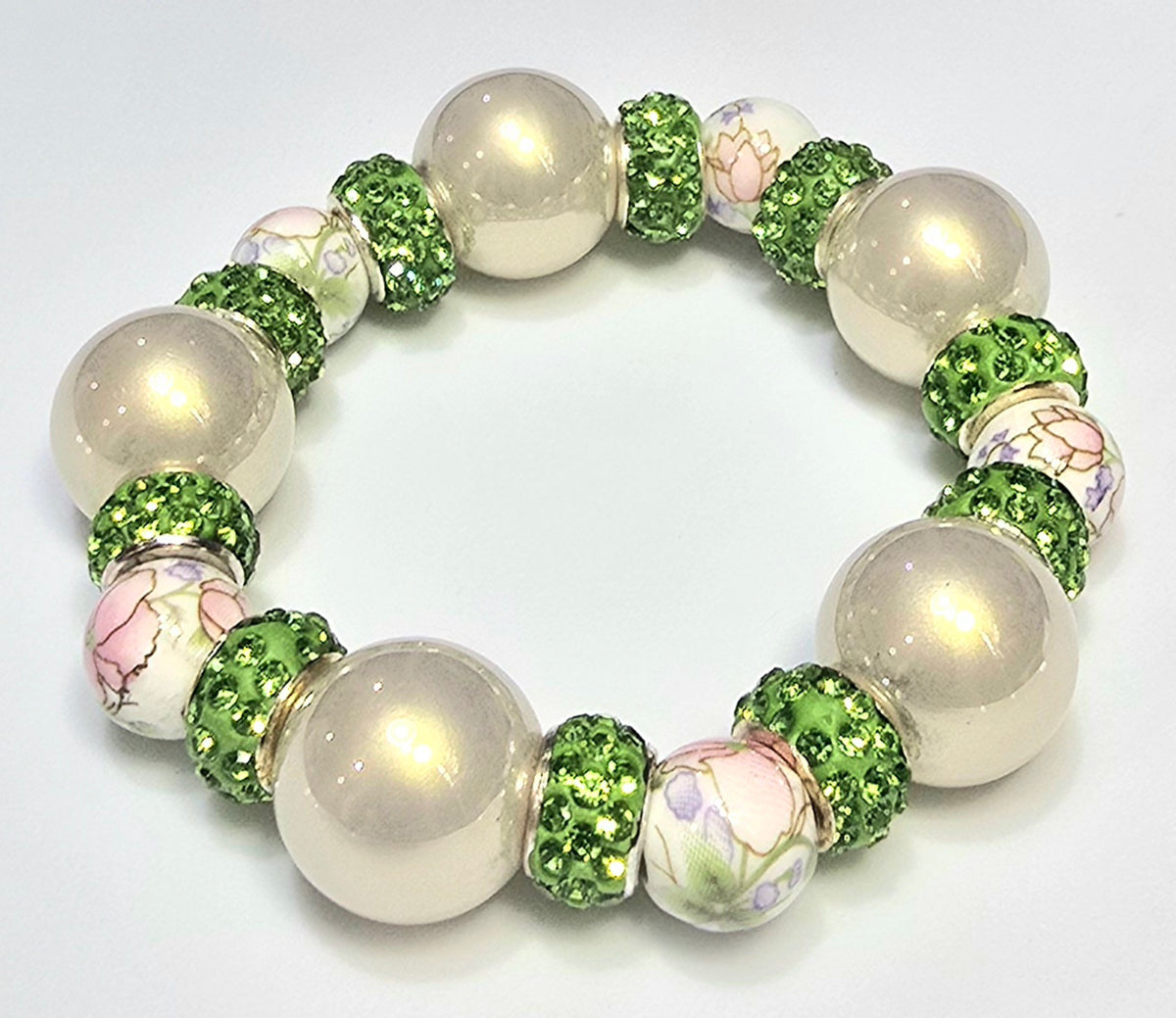 *10mm Ceramic Pink Flower Beads With 16mm Pearly Beads & Green Barrel Sparkle Bead Bracelet