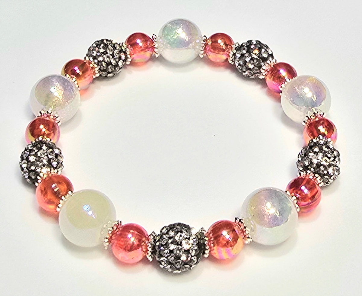 *12mm Iridescent White & Red With 10mm Black Sparkle Beads Bracelet