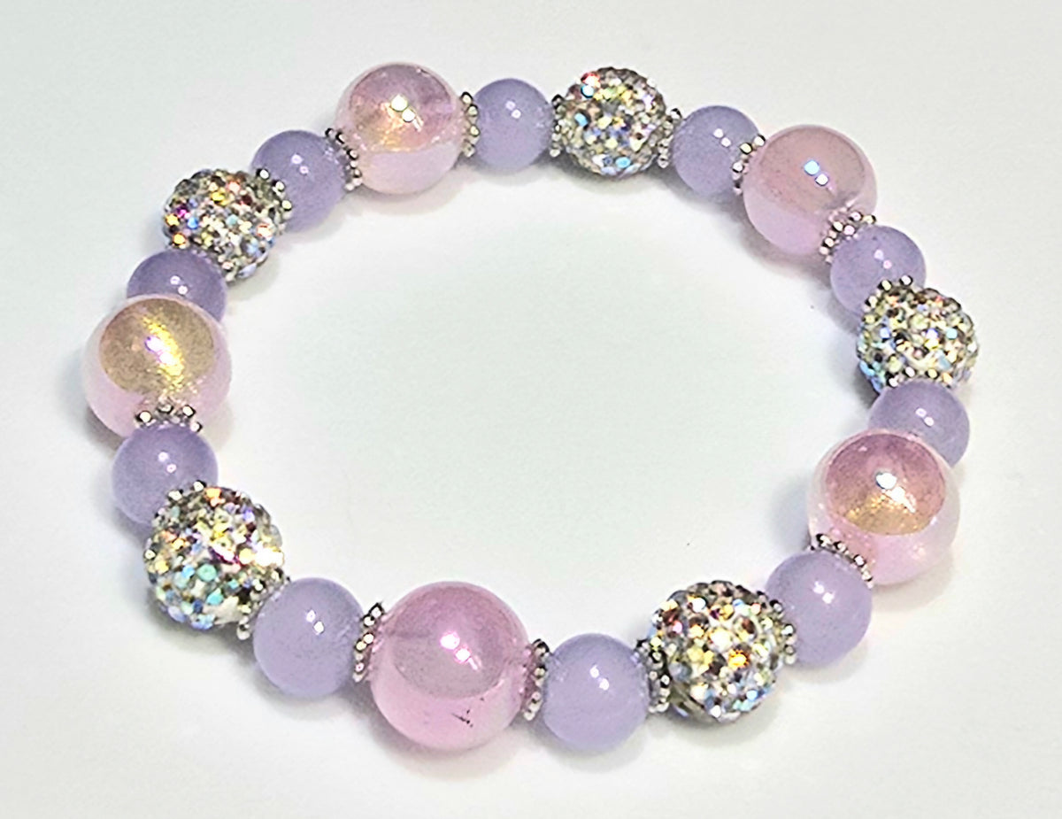 *12mm Iridescent Pink & Lavender with 10mm White Sparkle Beaded Bracelet