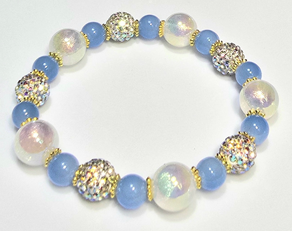 *12mm Iridescent White & Blue With 10mm White Sparkly Beaded Bracelet