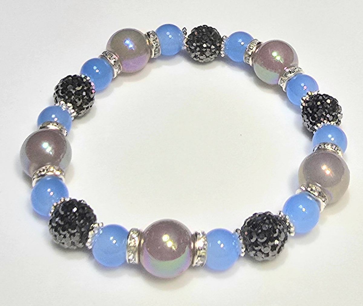 *12mm Iridescent Smokey Grey & Blue With 10mm Black Sparkly Beaded Bracelet
