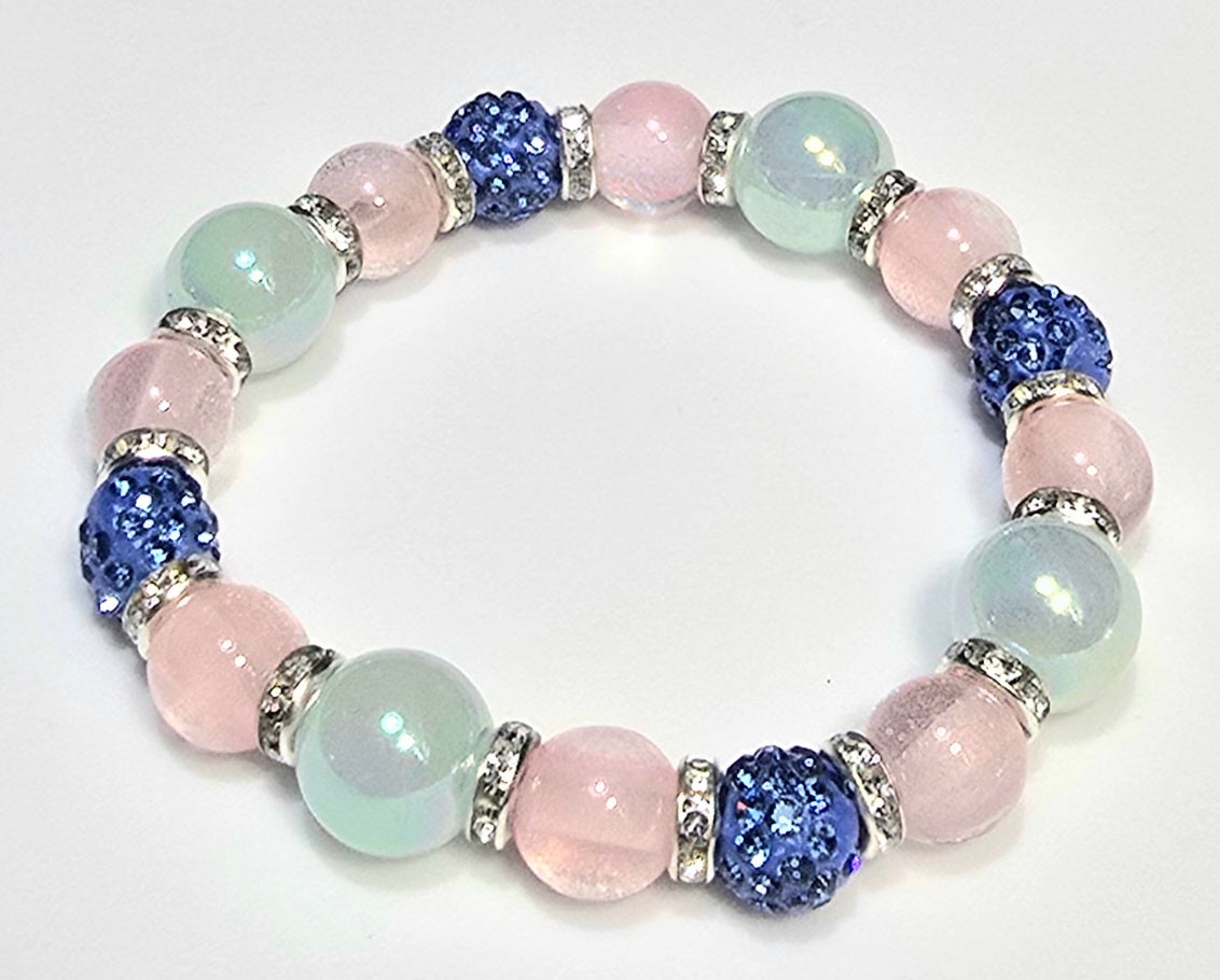 *12mm Iridescent Lt. Blue & Pink With 10mm Blue Sparkle Beaded Bracelet