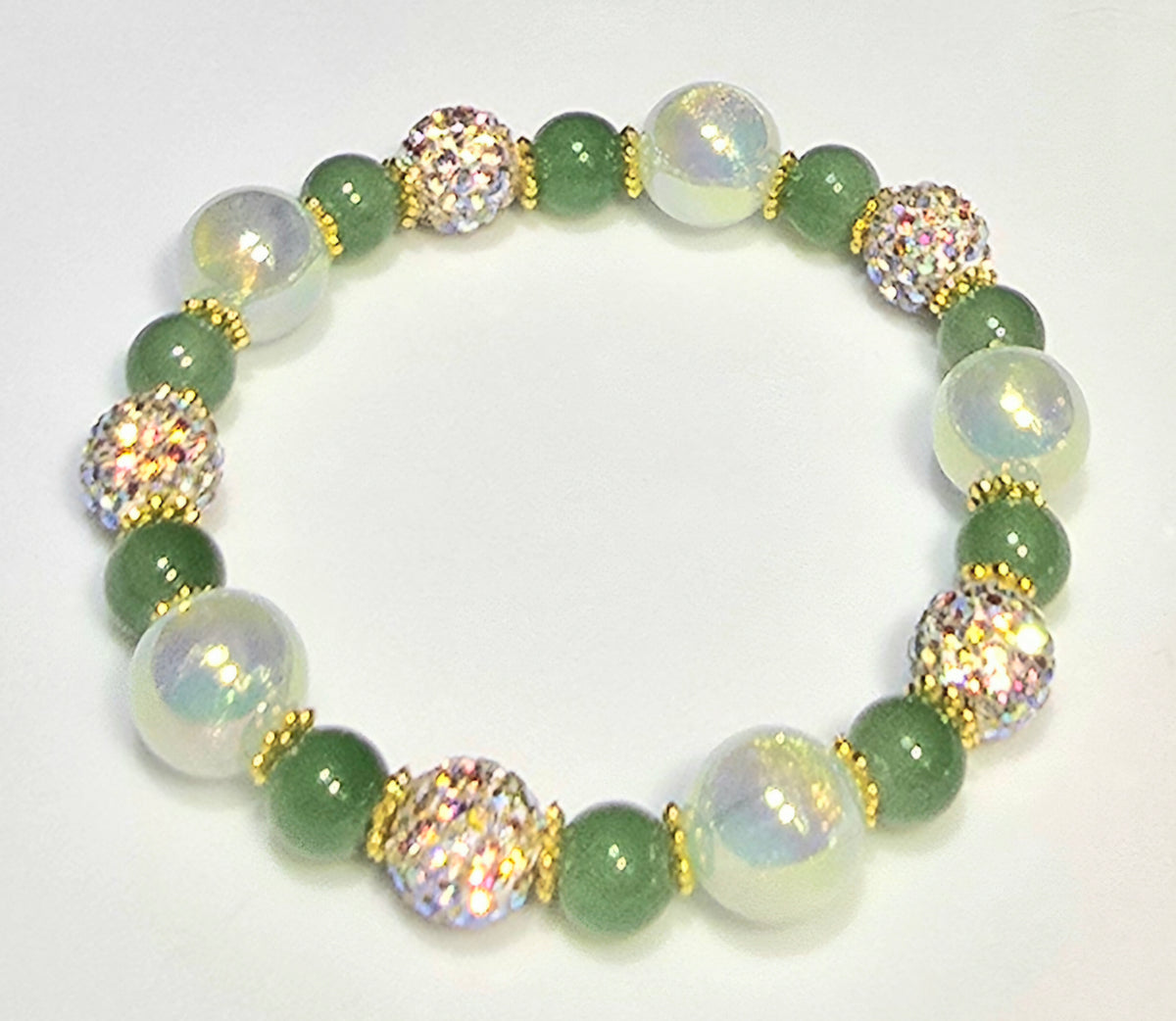 *12mm Iridescent Lt. Green & Green With 10mm White Sparkle Beaded Bracelet