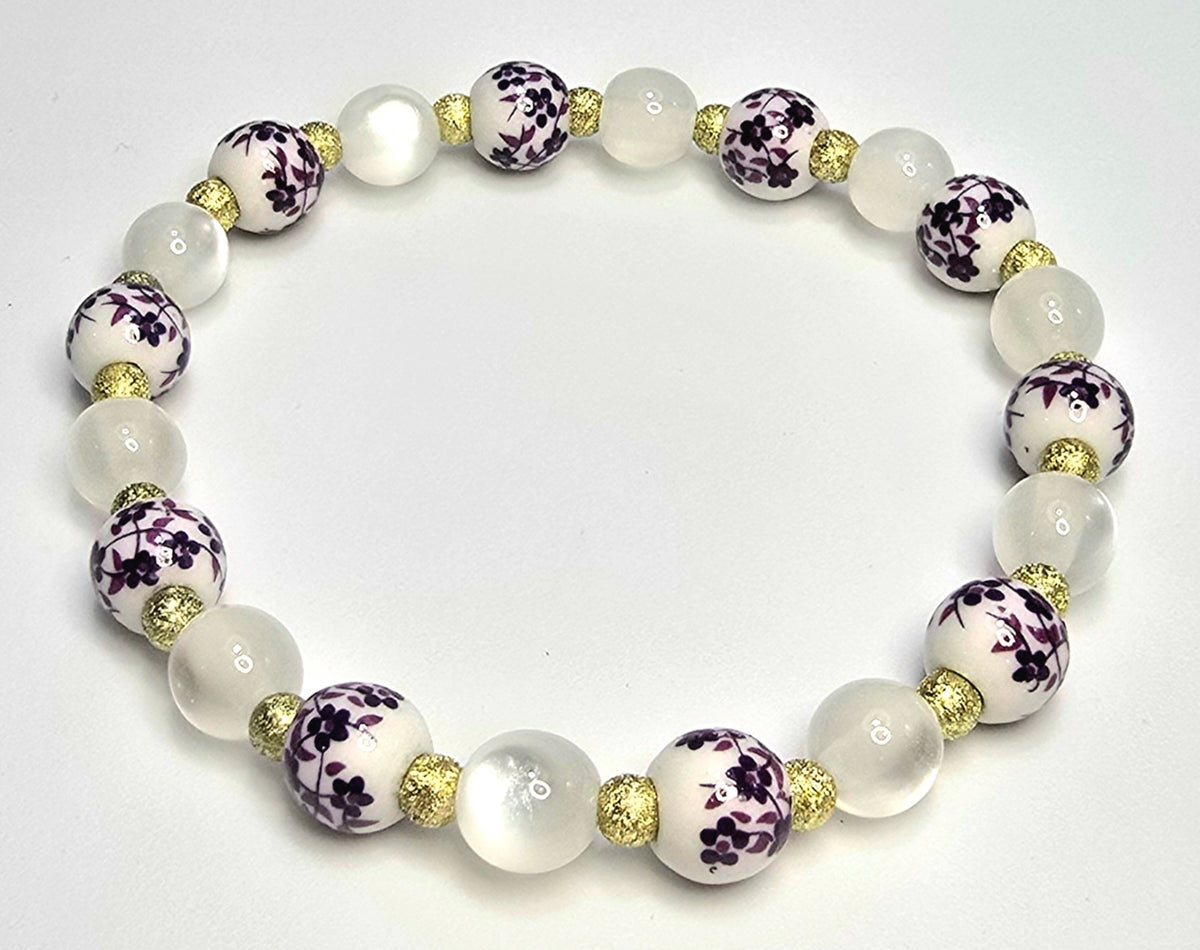 *8mm Ceramic Purple Flower Beads With 8mm Cat Eye Beads & 4mm Gold Beaded Bracelet